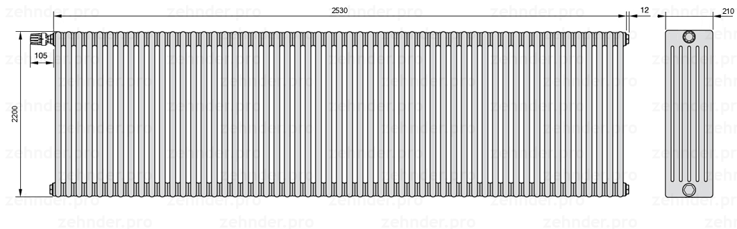 Схема (чертеж) Радиатор Zehnder Charleston 6220/55 №V011 Белый глянцевый RAL 9016